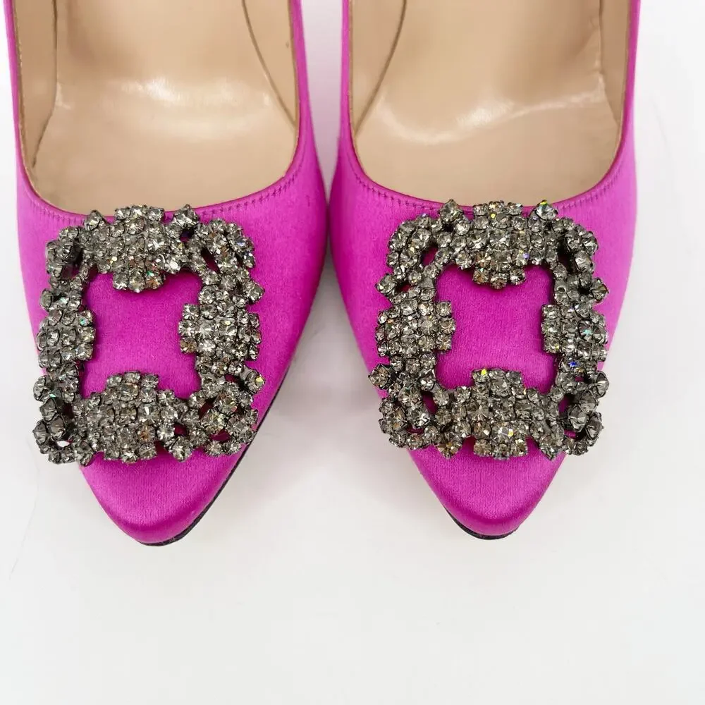 Manolo Blahnik Fuchsia Hangisi Satin Pointed Toe Crystal Detailed Pump IT 37.5 - Picture 6 of 12